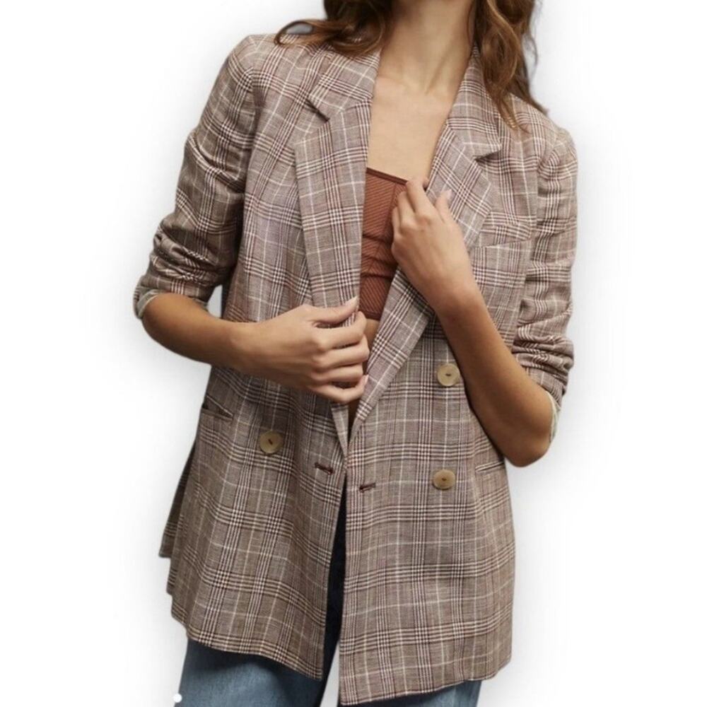 Anthropologie Maeve Double Breasted Women’s Blazer 0 Brown Plaid Preppy Office